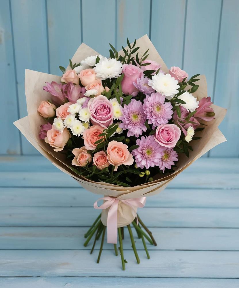 Букет цветов из: Хризантемы, Розы и Альстромерии в Бояркино