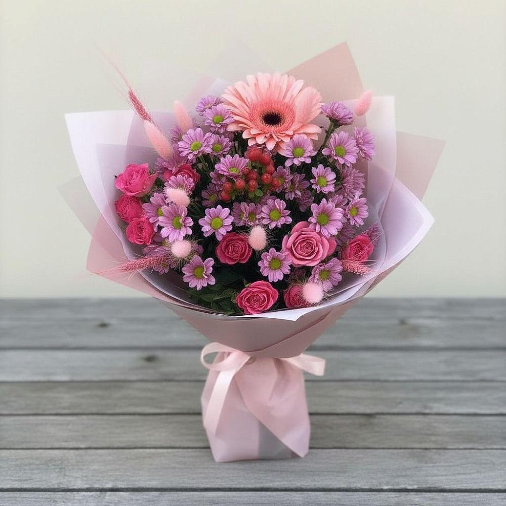 Букет цветов из: Розы, Герберы и Хризантемы в Бояркино