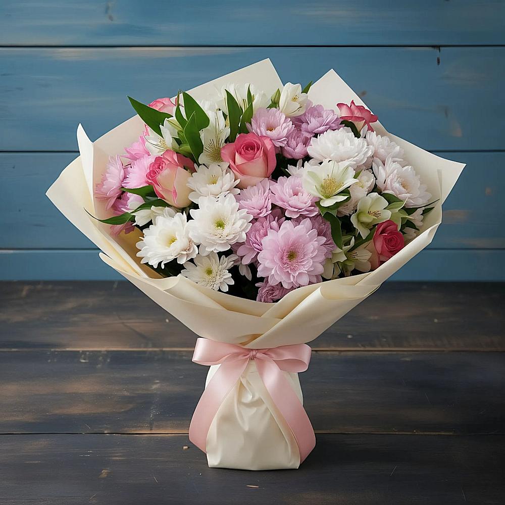 Букет цветов из: Хризантемы, Альстромерии и Розы в Бояркино